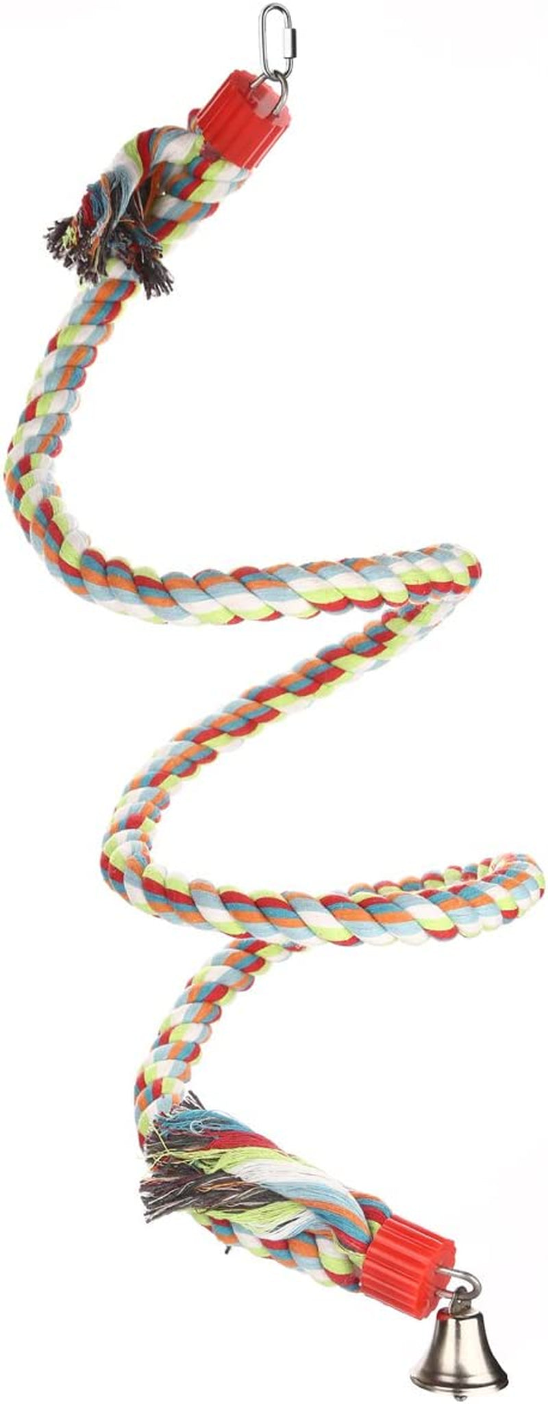 Long braided rope bird bungee swing with red connector and metal bell