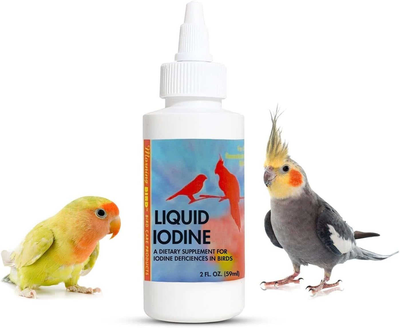 Liquid iodine supplement bottle with dropper tip, shown with small pet birds