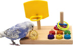 Wooden tabletop parrot activity center with yellow ring launcher, stacked rings and peg toys