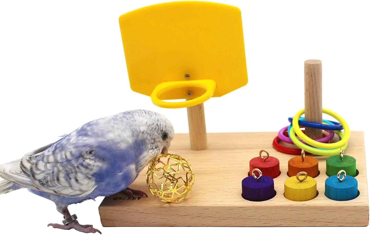 Wooden tabletop parrot activity center with yellow ring launcher, stacked rings and peg toys