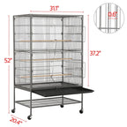 Gray rolling birdcage with internal perches and wire panels, size diagram shown