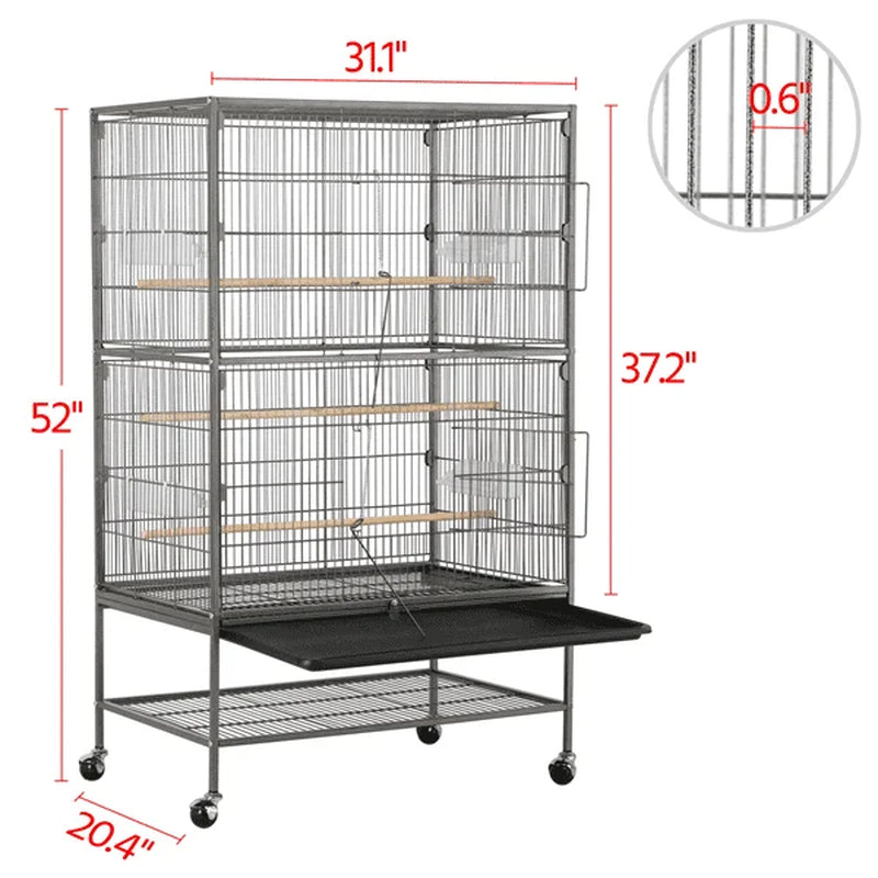 Gray rolling birdcage with internal perches and wire panels, size diagram shown