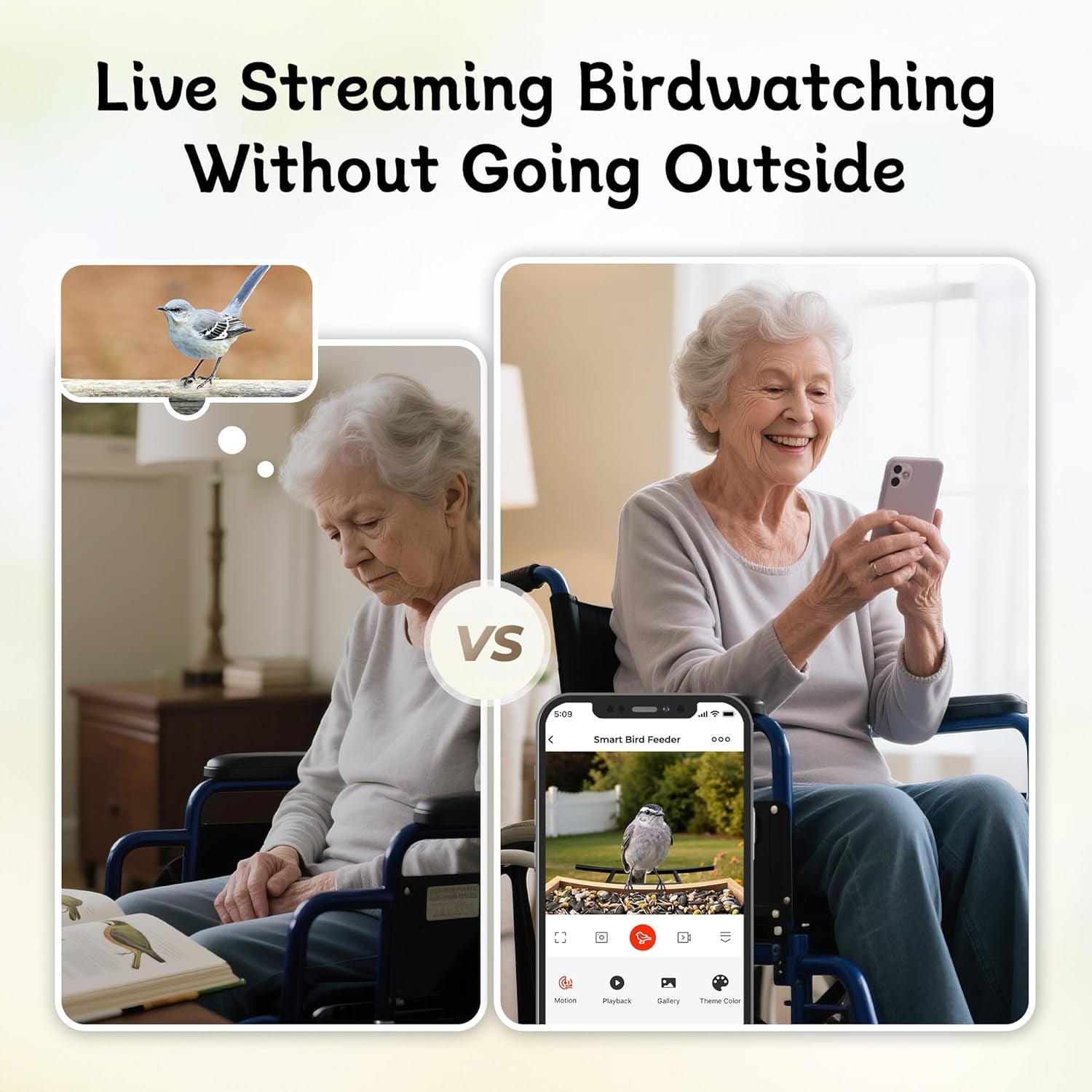 Bird feeder camera shown with phone app for live birdwatching