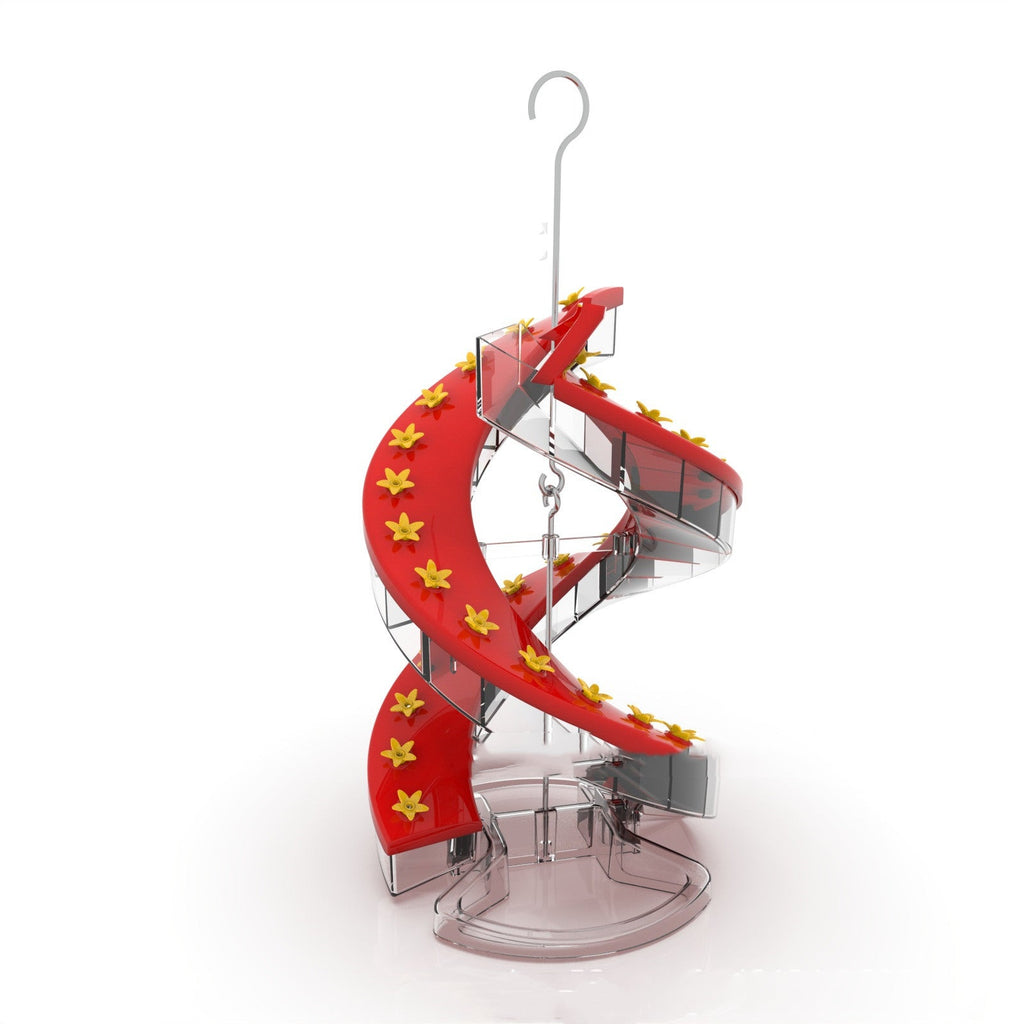 Red double-sided spiral bird feeder with hanging hook and clear feeding cups