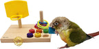 Wooden tabletop parrot activity center with yellow ring launcher, colorful rings and peg blocks