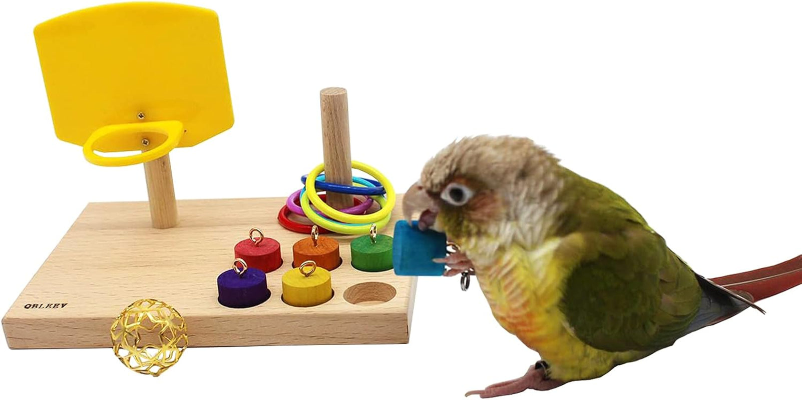 Wooden tabletop parrot activity center with yellow ring launcher, colorful rings and peg blocks