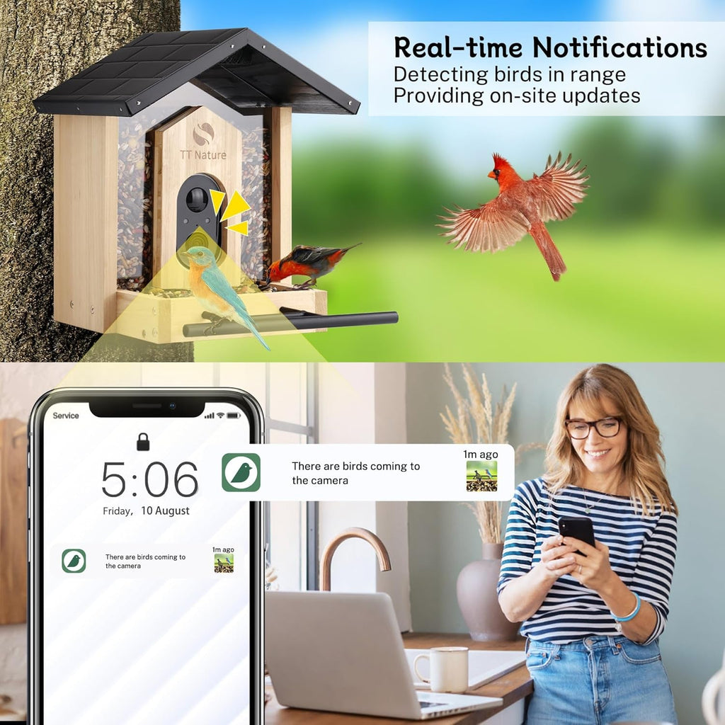 Wood bird feeder camera with dark roof, front camera, and alert icon overlay