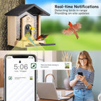 Wood bird feeder camera with dark roof, front camera, and alert icon overlay