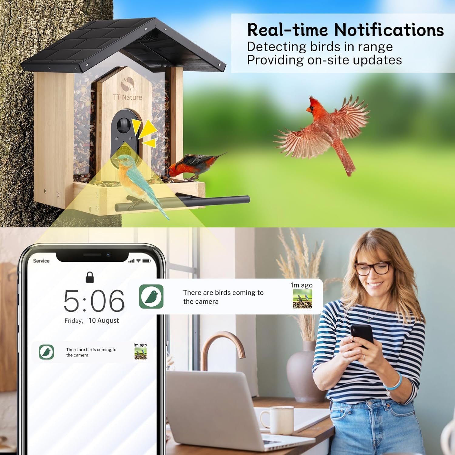 Wood bird feeder camera with dark roof, front camera, and alert icon overlay