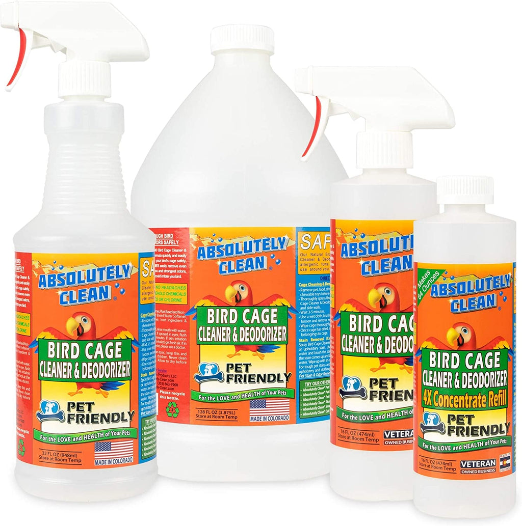 Assorted bird cage cleaner bottles with white caps, including spray and concentrate versions.