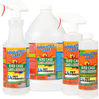 Assorted bird cage cleaner bottles with white caps, including spray and concentrate versions.