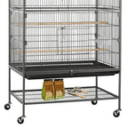 Gray birdcage with black bottom tray, wire shelf, and small accessory bag on base