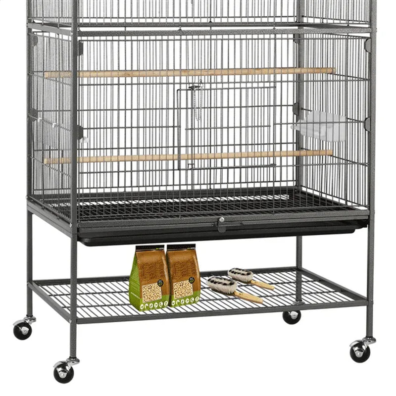 Gray birdcage with black bottom tray, wire shelf, and small accessory bag on base