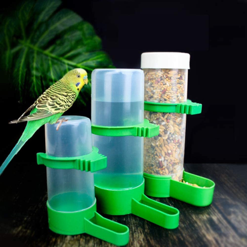 3-bottle bird dispenser set with green outlets, transparent reservoirs, and feeding cups