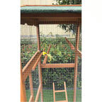 Wood bird aviary with wire mesh panels, indoor perches, and ramp
