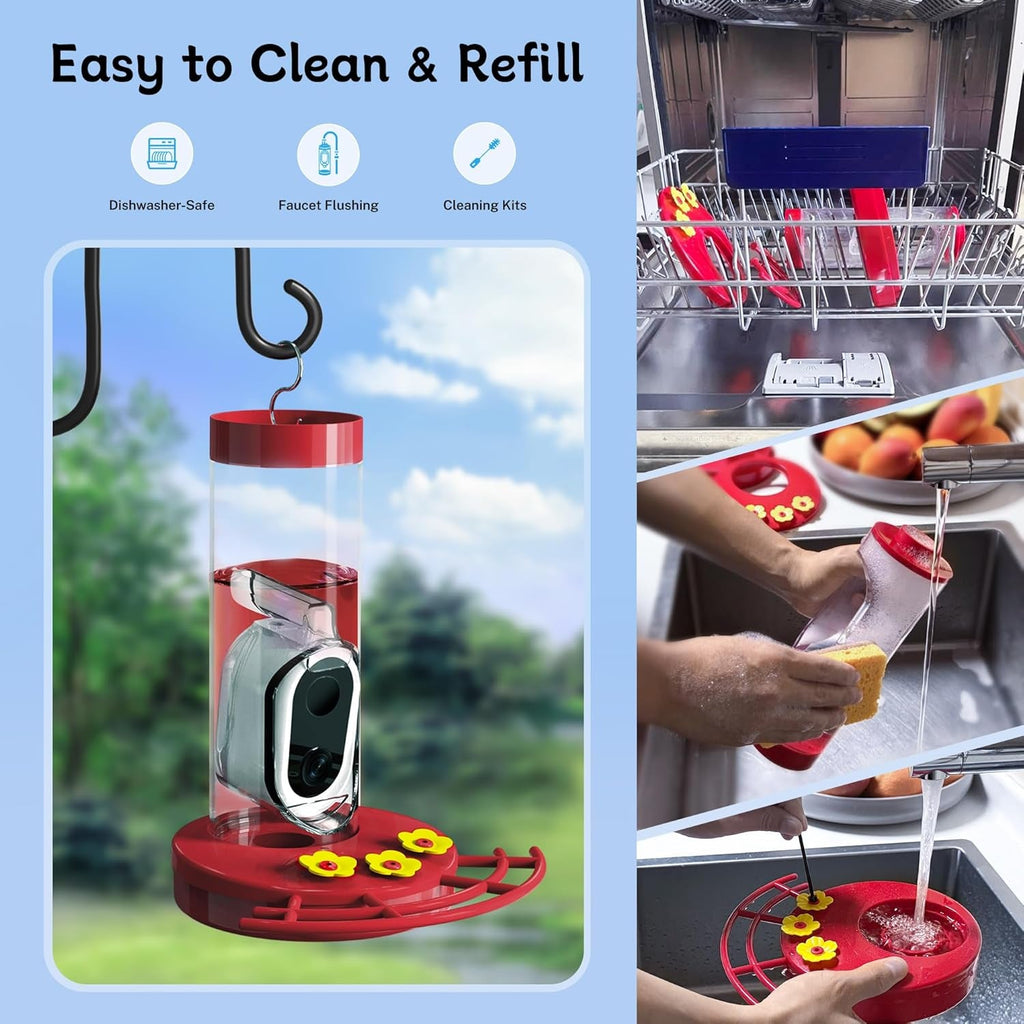 Red hummingbird feeder with solar camera and cleaning setup for easy refill