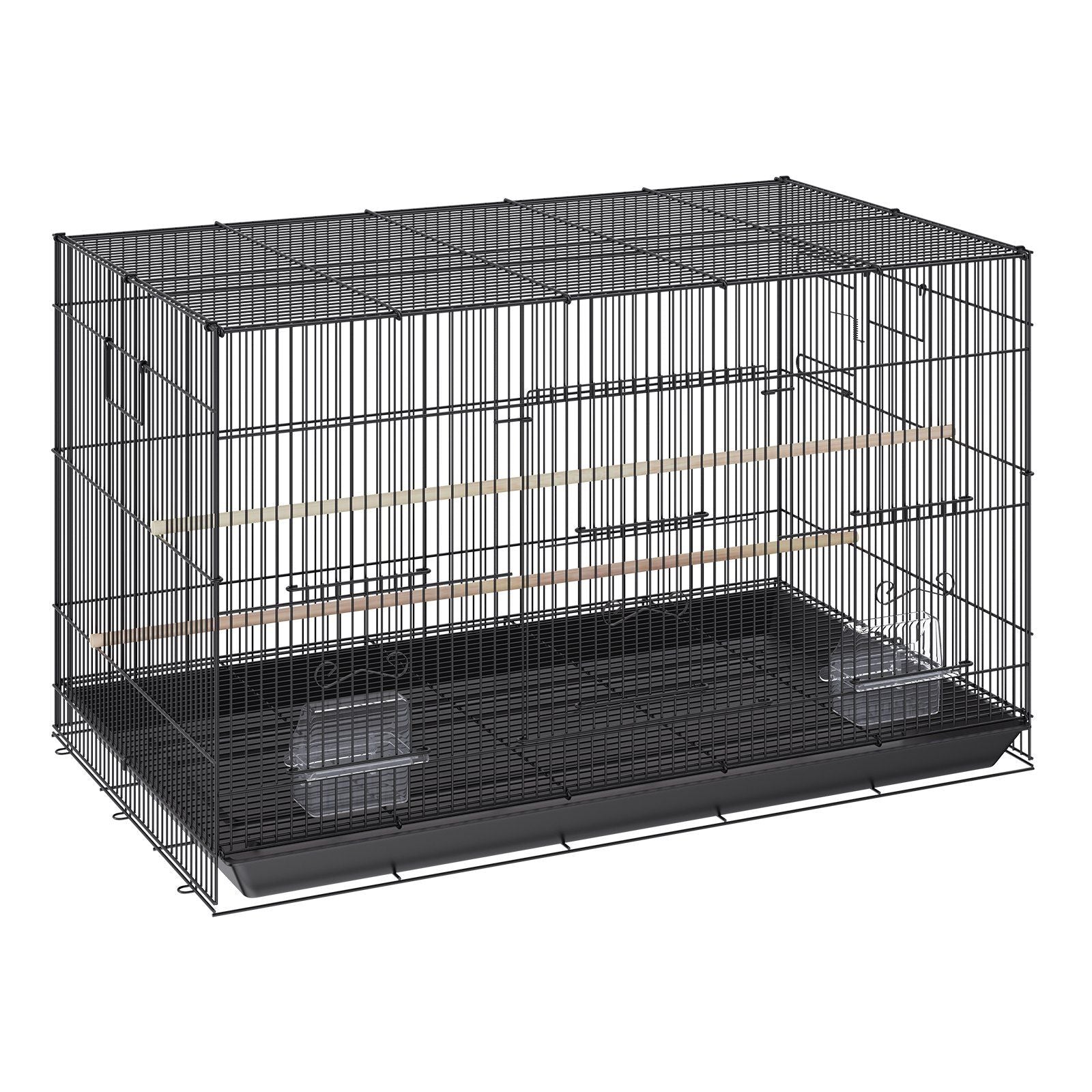 30-inch carbon steel bird flight cage with black wire bars, swing-out door, tray base