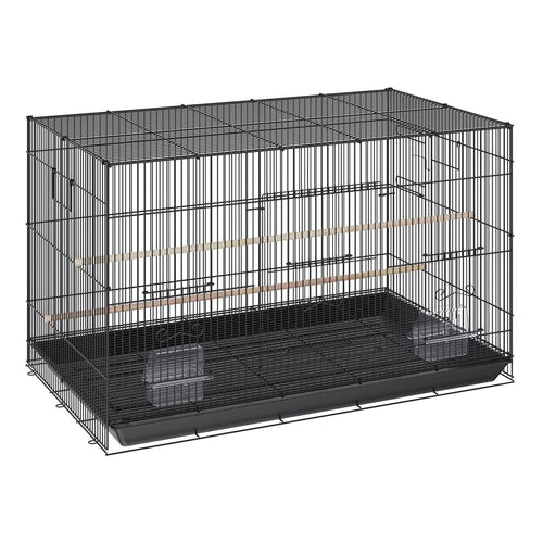 30-inch carbon steel bird flight cage with black wire bars, swing-out door, tray base