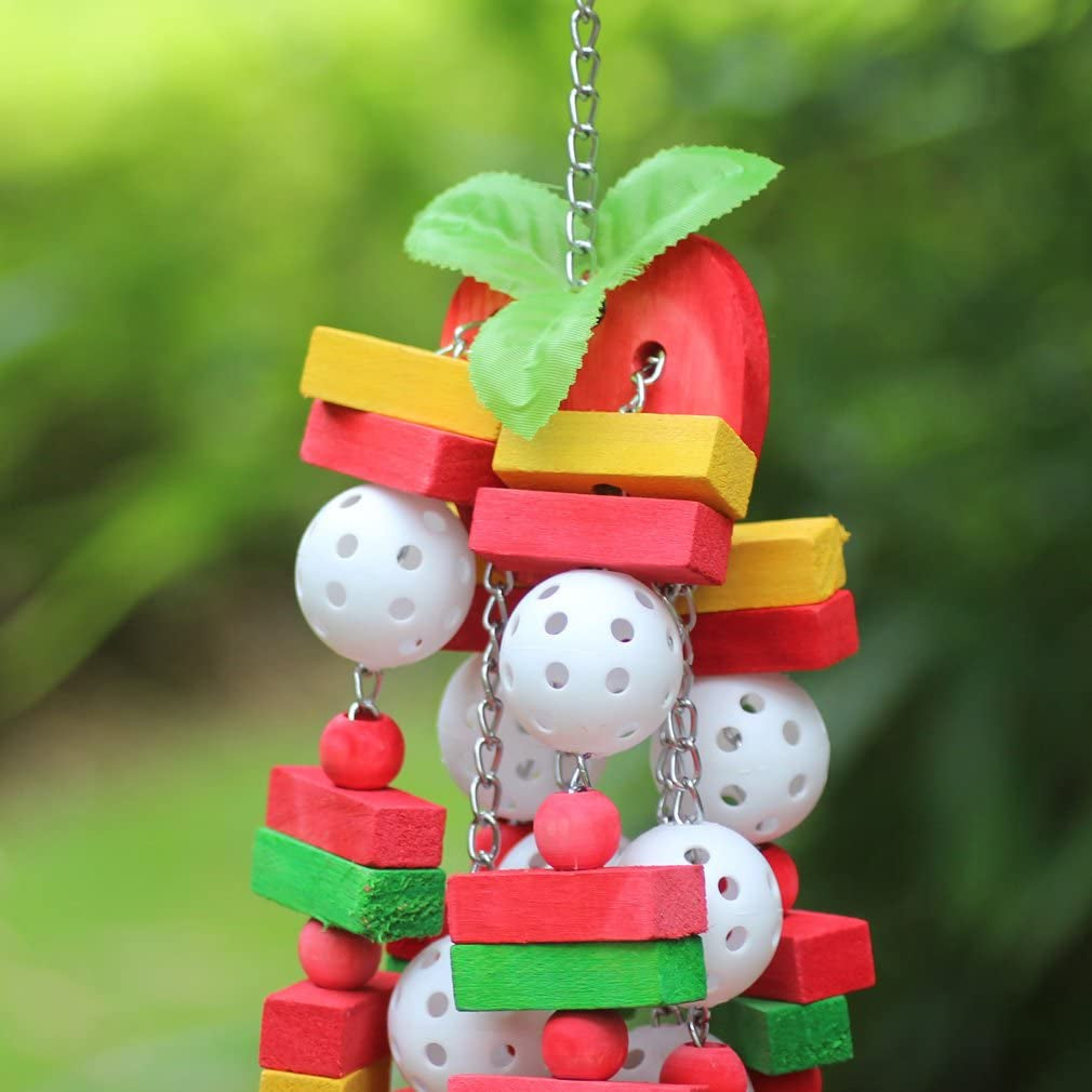 Parrot wooden foraging toy with red apple, green leaf, multicolor blocks, white balls, metal chain, bells