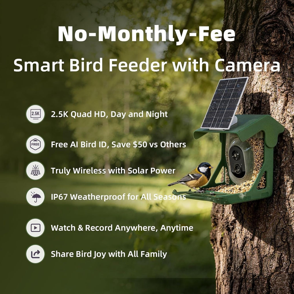 Green solar bird feeder camera mounted on a tree with solar panel and front lens