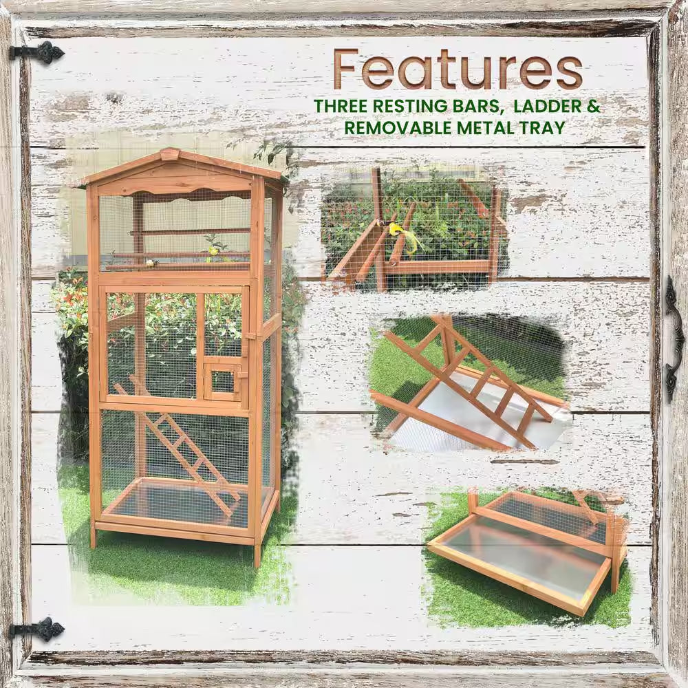 Wood outdoor bird aviary cage with three resting bars and removable metal tray