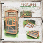Wood outdoor bird aviary cage with three resting bars and removable metal tray