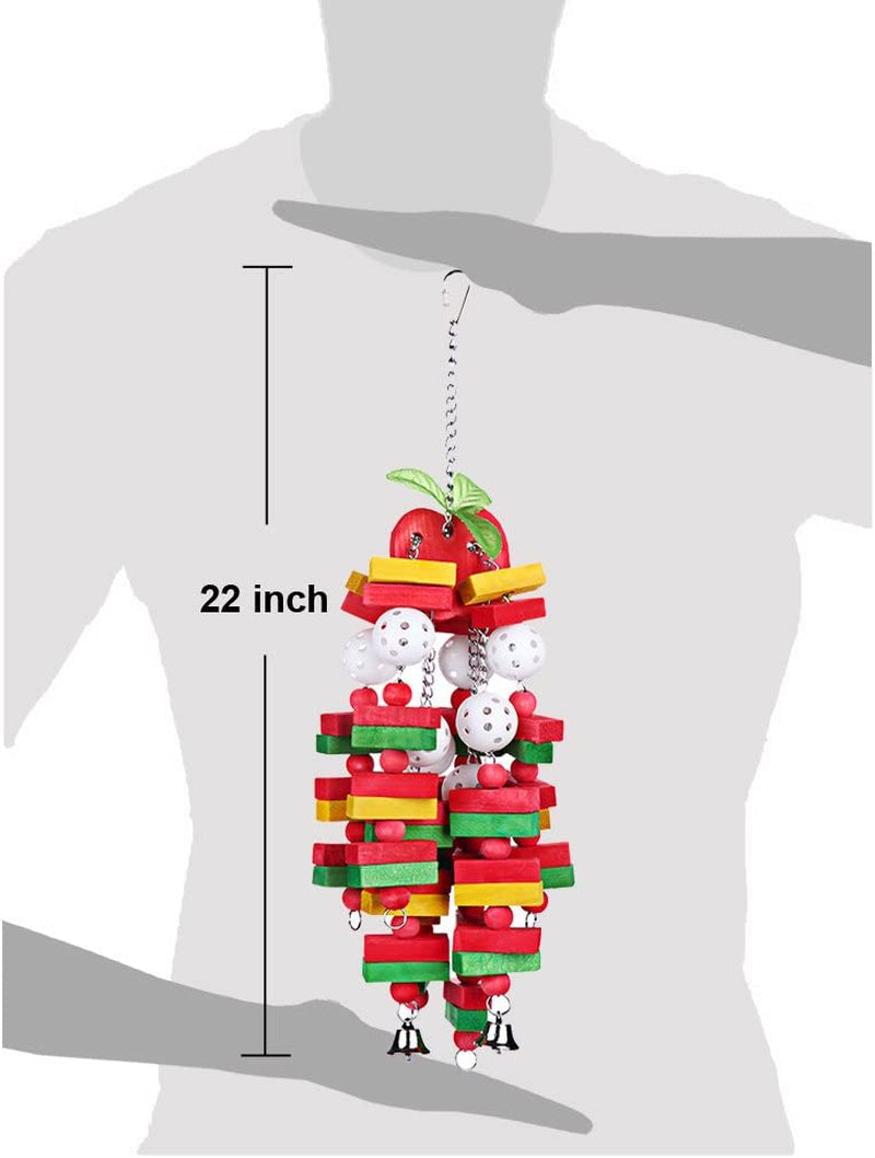 22-inch parrot wooden foraging toy on metal chain with multicolor blocks, white ball beads, bells