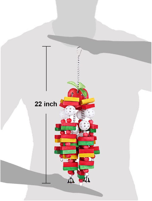 22-inch parrot wooden foraging toy on metal chain with multicolor blocks, white ball beads, bells