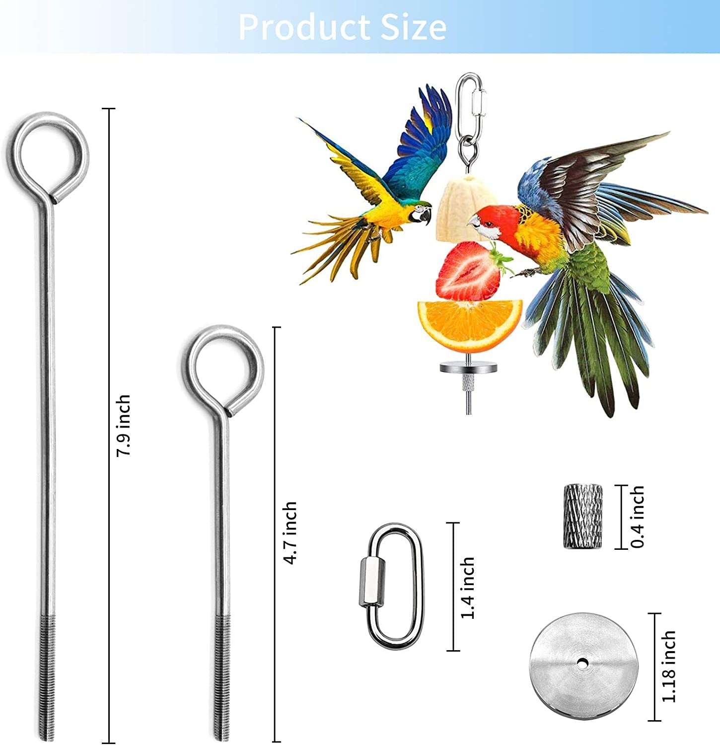 Stainless steel hanging skewer set size diagram for bird feeders