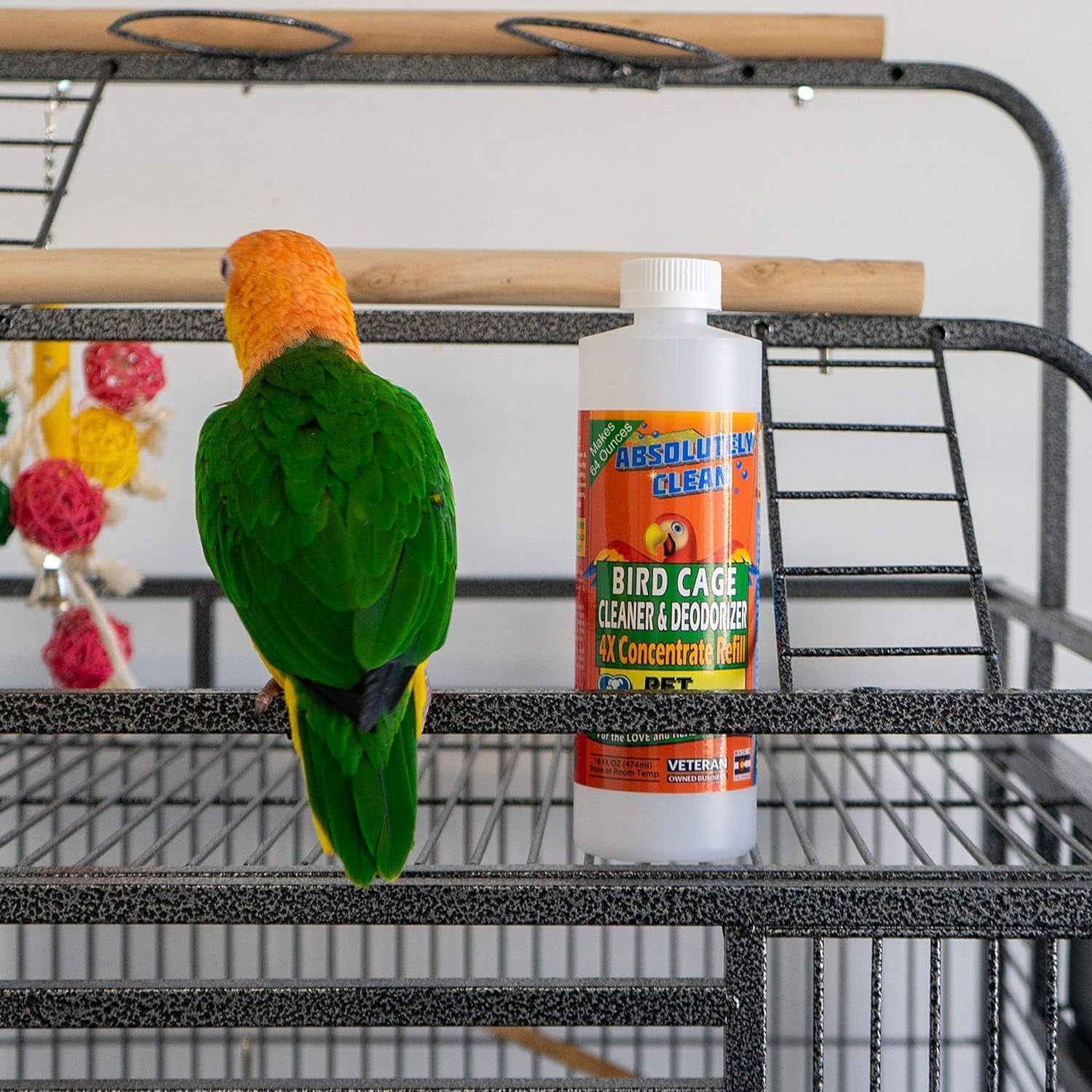 Bird cage cleaner bottle placed on a cage shelf in front of a green parrot.