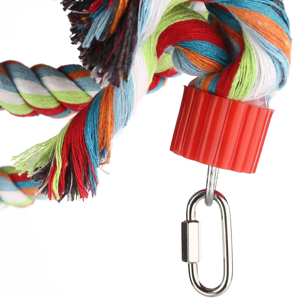 Braided rope toy with red clamp, metal hook, and hanging bell