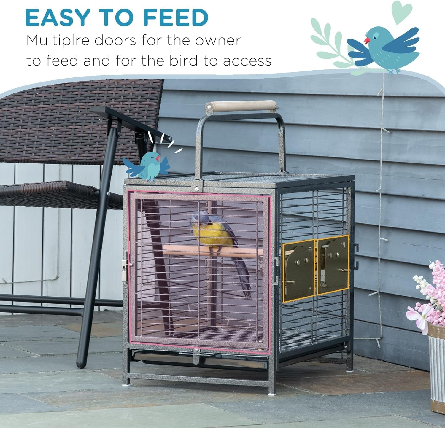 Black wrought iron emergency bird cage with front open door and side access panel, bird inside