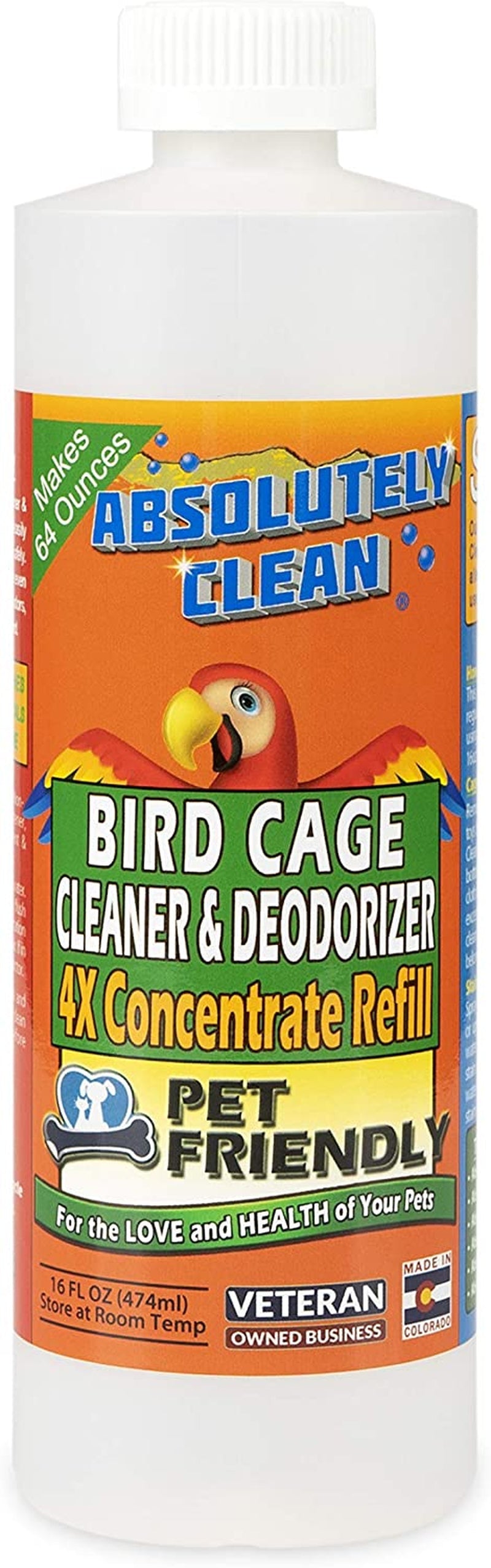 Bird cage cleaner concentrate bottle, white cap, colorful label with pet-friendly badge.