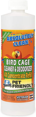 Bird cage cleaner concentrate bottle, white cap, colorful label with pet-friendly badge.