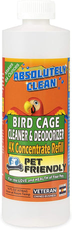 Bird cage cleaner concentrate bottle, white cap, colorful label with pet-friendly badge.