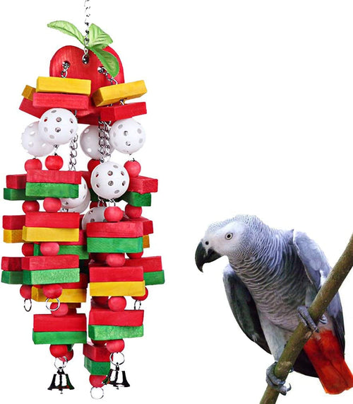 Parrot wooden foraging toy with colorful blocks, white ball beads, metal chain, leaf topper, bells