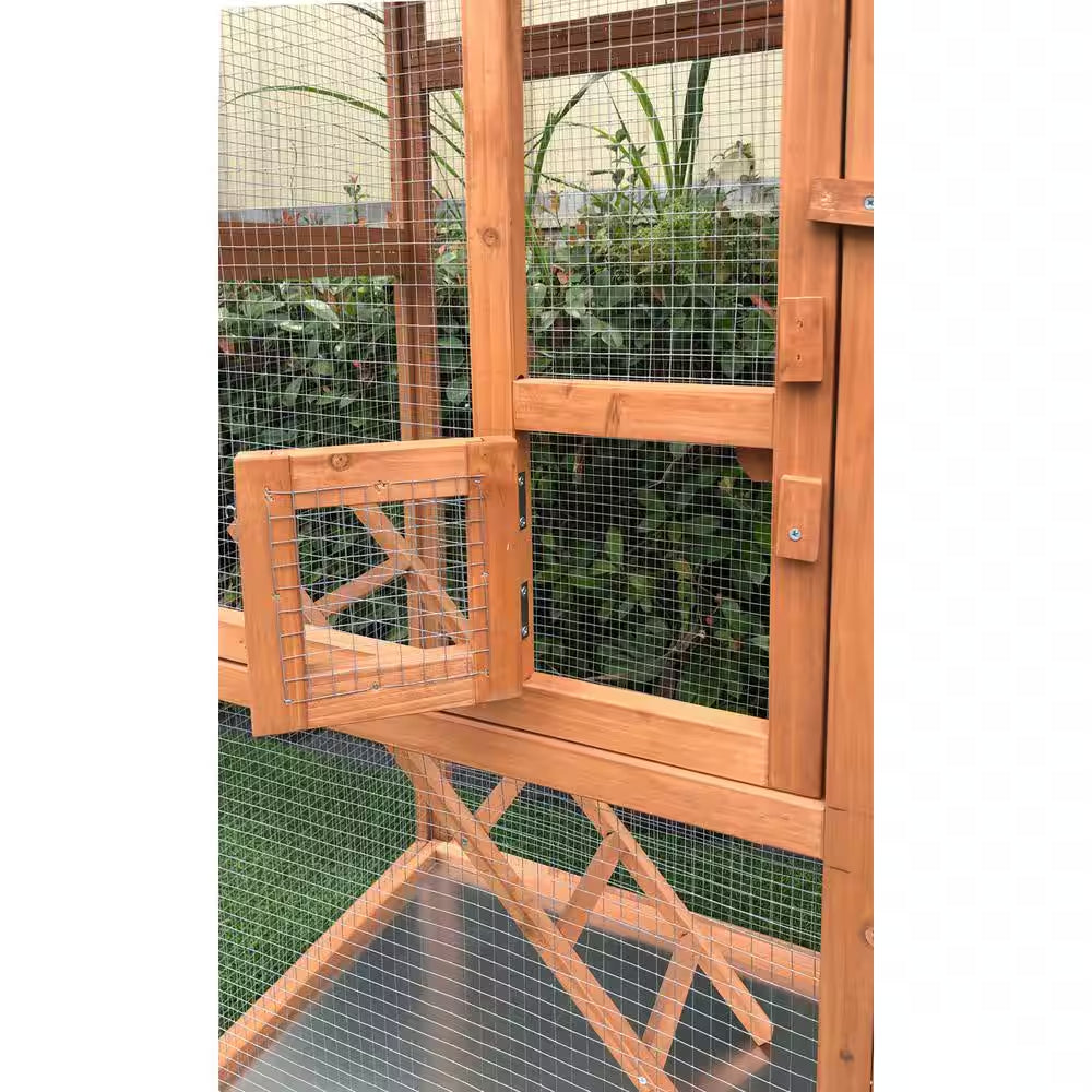 Wood bird aviary cage door and ramp with wire mesh panels and slide tray