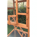 Wood bird aviary cage door and ramp with wire mesh panels and slide tray