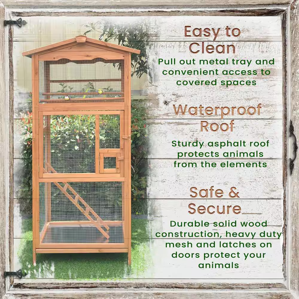 Wood outdoor bird aviary cage with front opening door and wire mesh panels