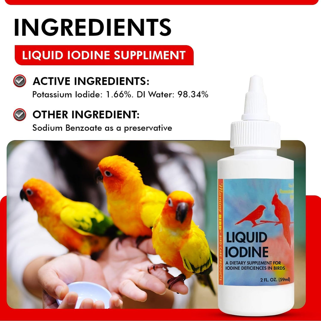 Liquid iodine supplement bottle with dropper, displayed with a group of yellow birds