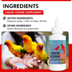 Liquid iodine supplement bottle with dropper, displayed with a group of yellow birds