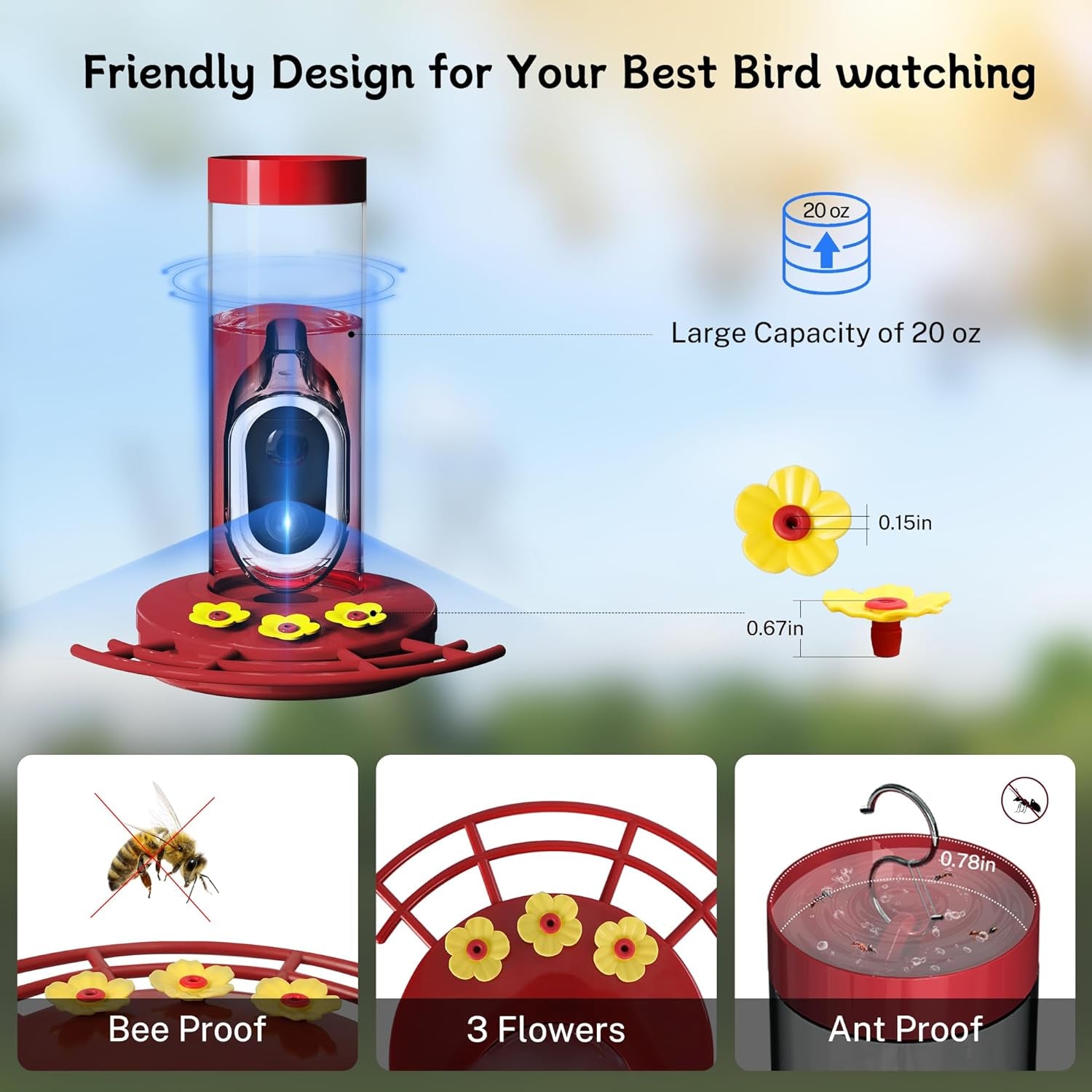 Red hummingbird feeder with solar camera and flower tray, with capacity callout
