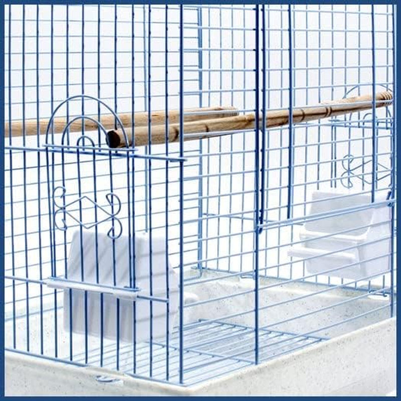 Blue wire bird cage with wooden perch, feeder and hanging accessory holders
