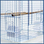 Blue wire bird cage with wooden perch, feeder and hanging accessory holders