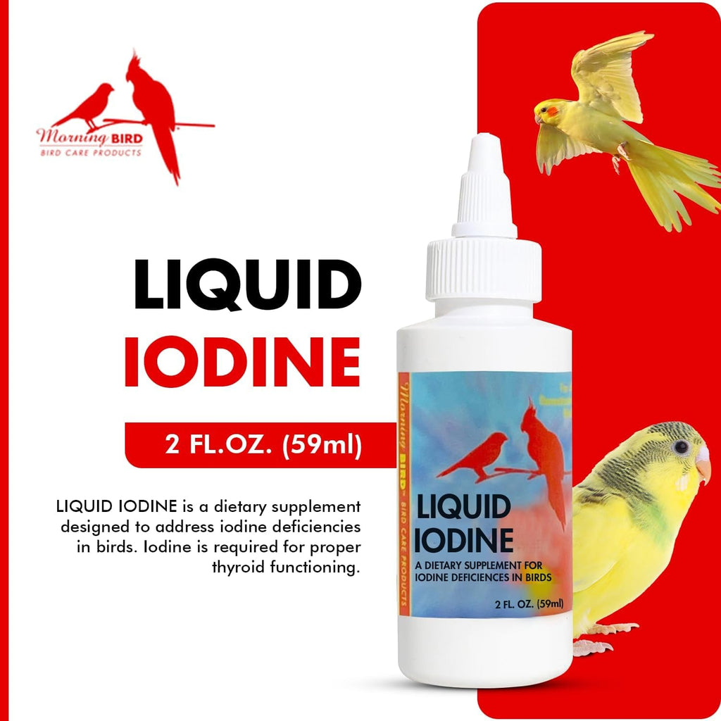 Liquid iodine supplement bottle with white dropper, shown with birds