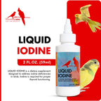 Liquid iodine supplement bottle with white dropper, shown with birds