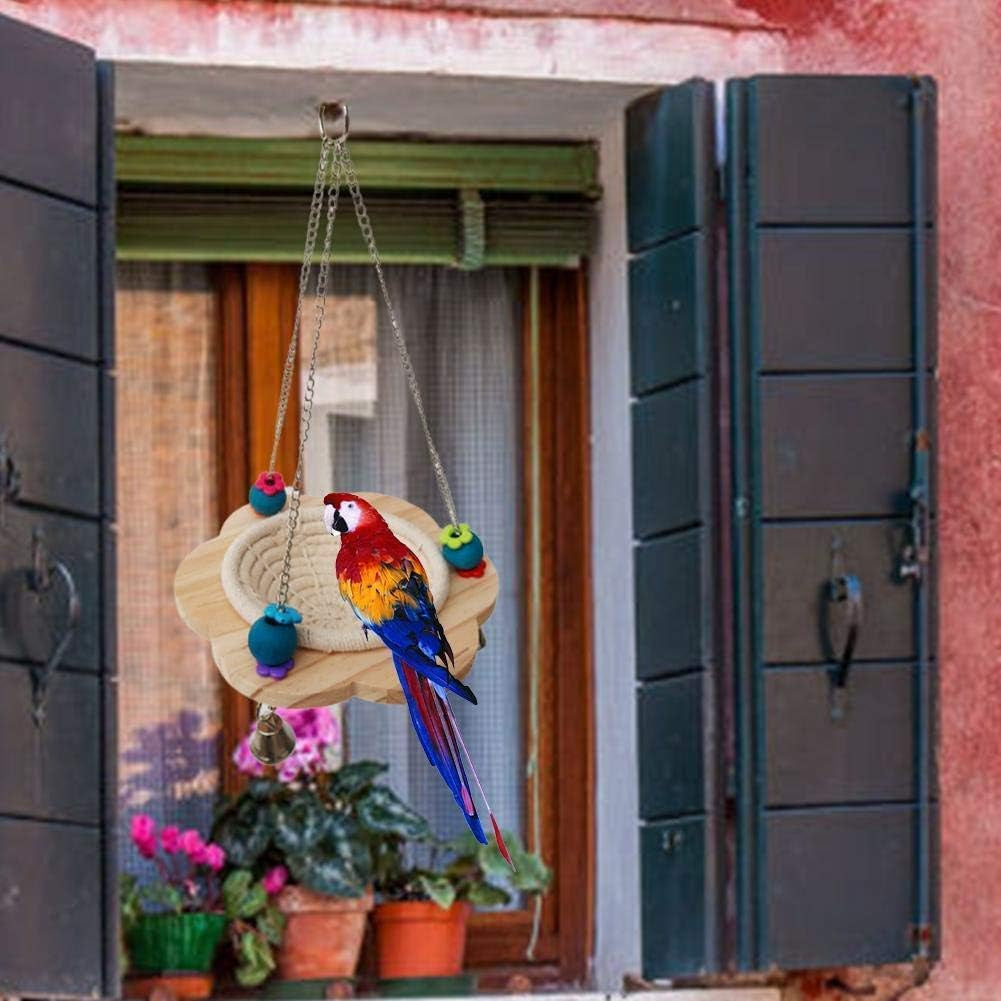 Bird nest swing with colorful bell charms and woven perch, with two parrots