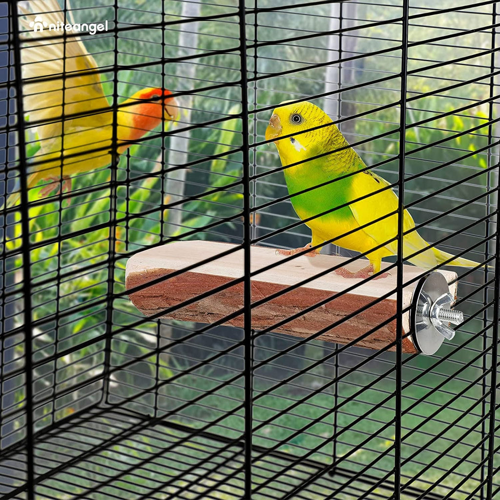 Wood bird perch inside wire cage with two parrots and screw-on mount.