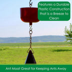 Red hummingbird feeder ant moat with hanging chain, durable plastic construction