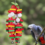 Parrot chewing toy with colorful wooden blocks, hanging metal chain and bell charms